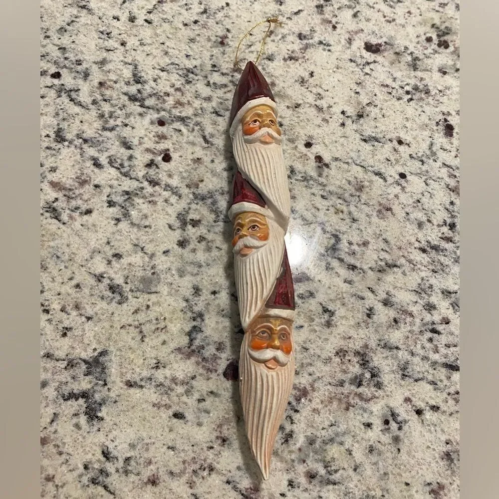 Vintage Stacked 3 Santa Head Totem Christmas Ornament Holiday Season 10.5”